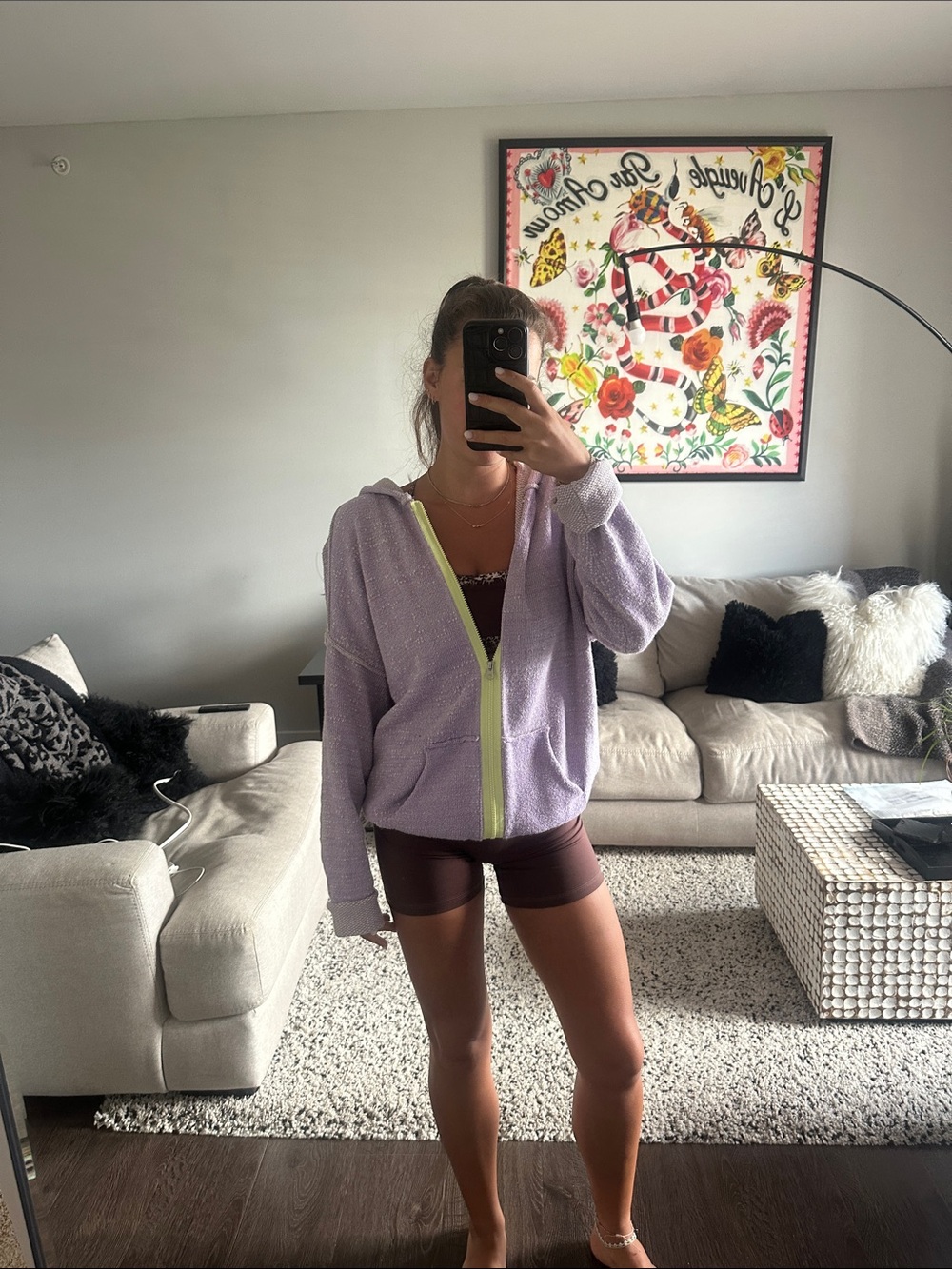 Free People Lavender Zip Hoodie with Lime Zipper